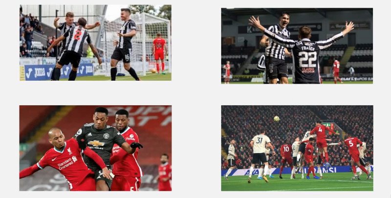 Four images in Two columns of football match action. The football kits feature the colours red, black and green. On the left-hand side of the screen are examples of difficult colour combinations and on the right are ones which are easier to see.