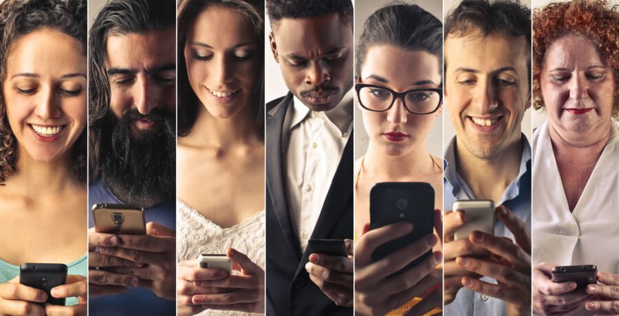 Adults from different demographic groups complete a survey on their mobile phones