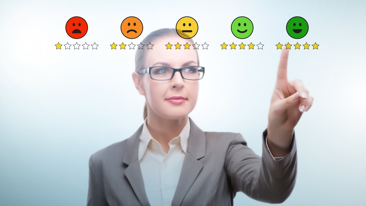 Woman answering a Likert scale survey question to rate her satisfaction.