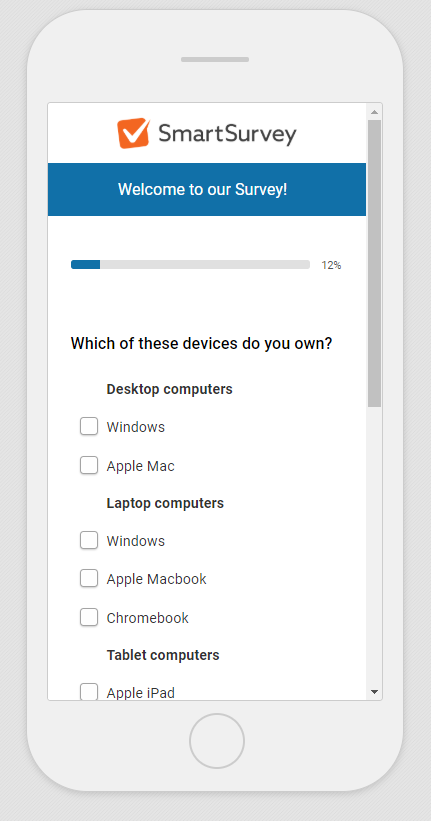 A screenshot of the new SmartSurvey theme showing a multiple choice question with subheadings in portrait format as on a smartphone.