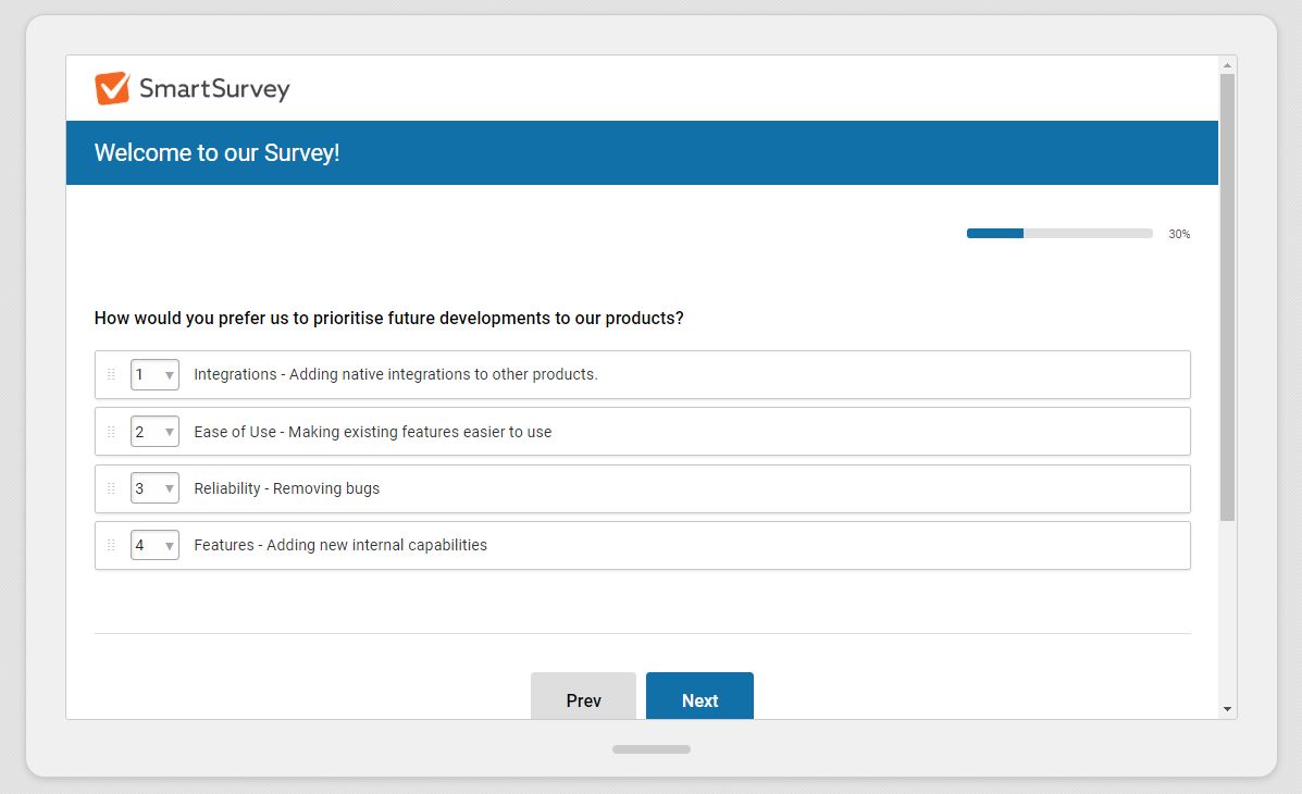 A screenshot of the new SmartSurvey theme showing a ranking question in landscape format