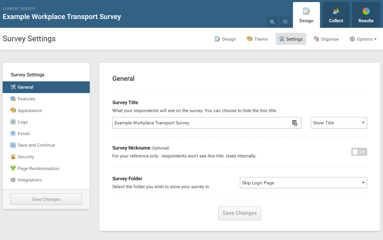 Survey Settings Page