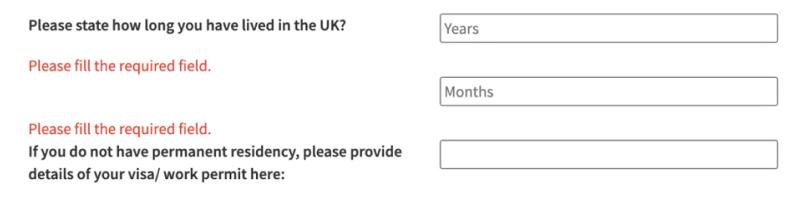 A screenshot of a survey showing two error messages highlighted only using the colour red. Dear messages are not placed next to the form input fields so it’s difficult to work out which field the error message belongs to.