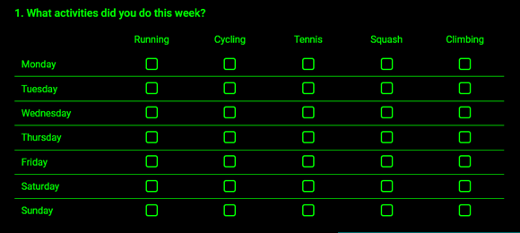 A matrix of check boxes in high contrast mode. None are visually highlighted.