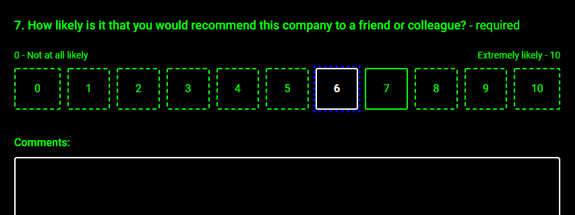 An NPS question type in high contrast mode that clearly shows to the selected button number 6 with a white outline.