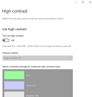 This screen shot shows the high contrast option in the Windows 10 settings menu.